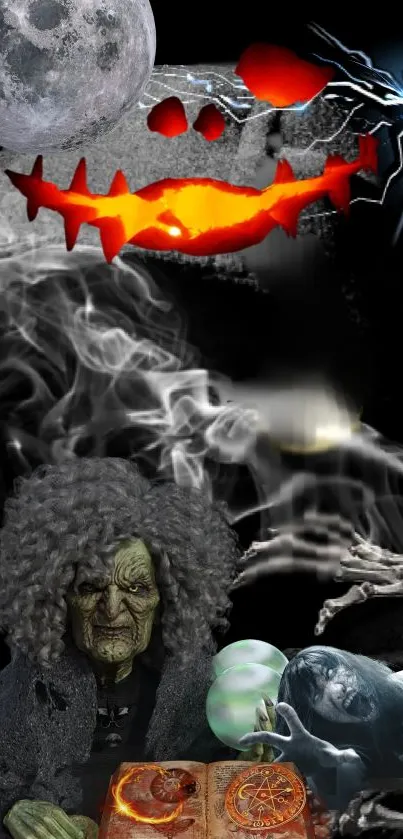 Spooky Halloween art with witch and skull.