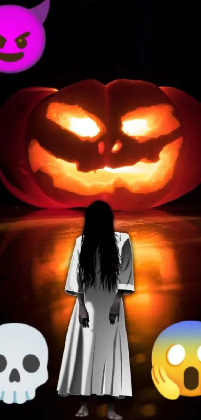 Spooky Halloween phone wallpaper with jack-o'-lantern and ghost.