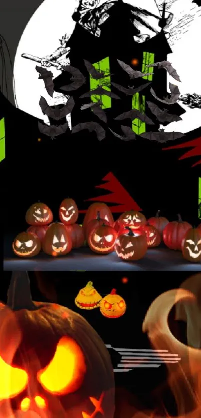 Spooky Halloween wallpaper with pumpkins and haunted house.