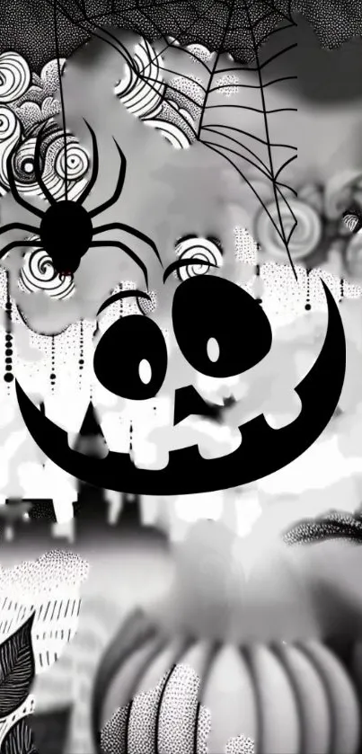 Spooky black and white Halloween wallpaper with pumpkins and spiders.