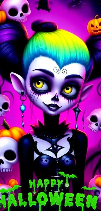 Colorful Halloween-themed wallpaper with a spooky character, skulls, and pumpkins.