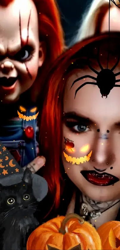 Spooky Halloween wallpaper with character, pumpkin, and black cat.