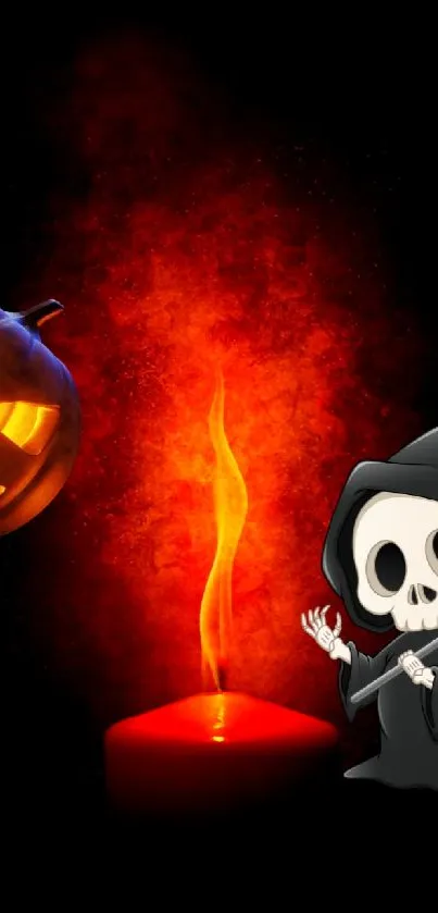 Halloween wallpaper with pumpkin, candle, and grim reaper.