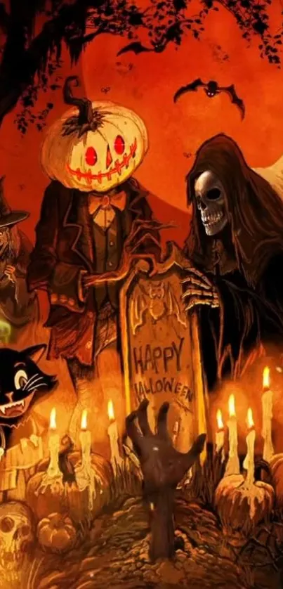 Spooky Halloween wallpaper with pumpkins and candles.