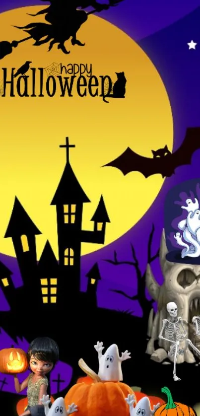 Halloween phone wallpaper with haunted house, bats, and ghosts.