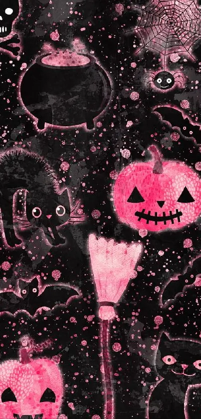 Spooky Halloween wallpaper with pink pumpkins and black cats.