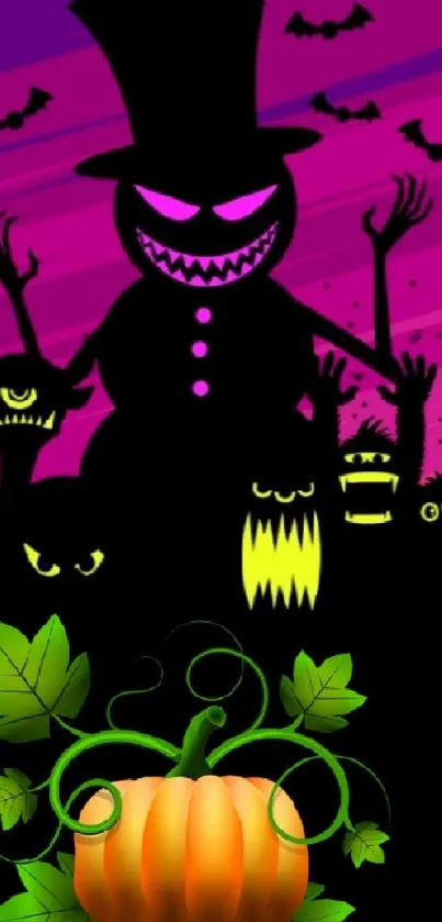 Halloween wallpaper with spooky silhouettes and a pumpkin design.