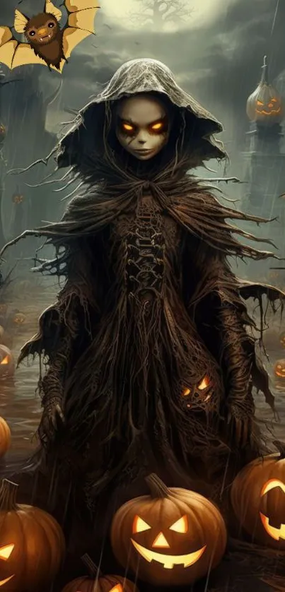 Creepy Halloween figure with pumpkins and a dark, eerie background.