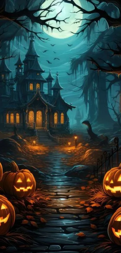 Spooky Halloween wallpaper with a haunted house and glowing pumpkins.