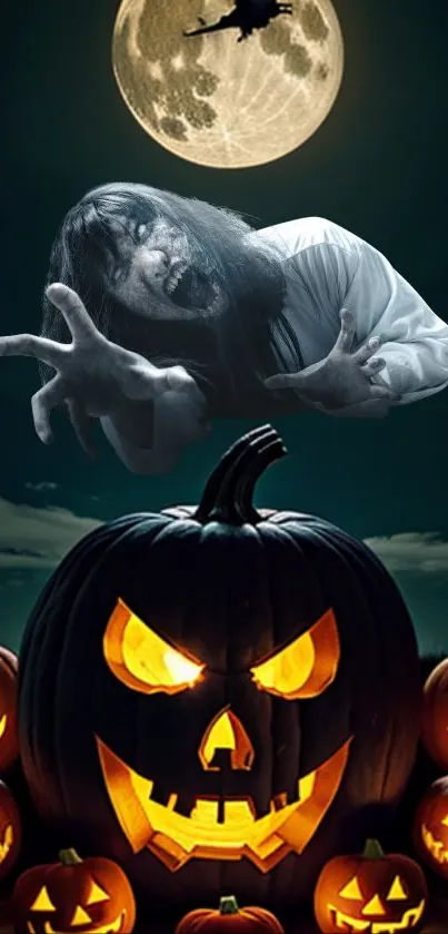 Eerie Halloween scene with ghost, pumpkins, and a full moon in the background.