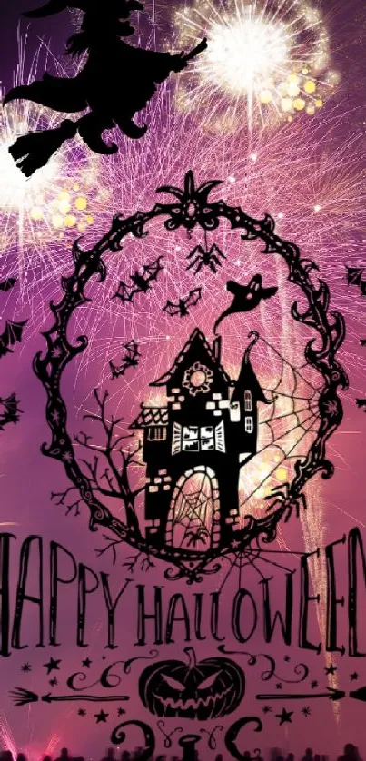 Spooky Halloween wallpaper with witch, haunted house, and fireworks silhouette.