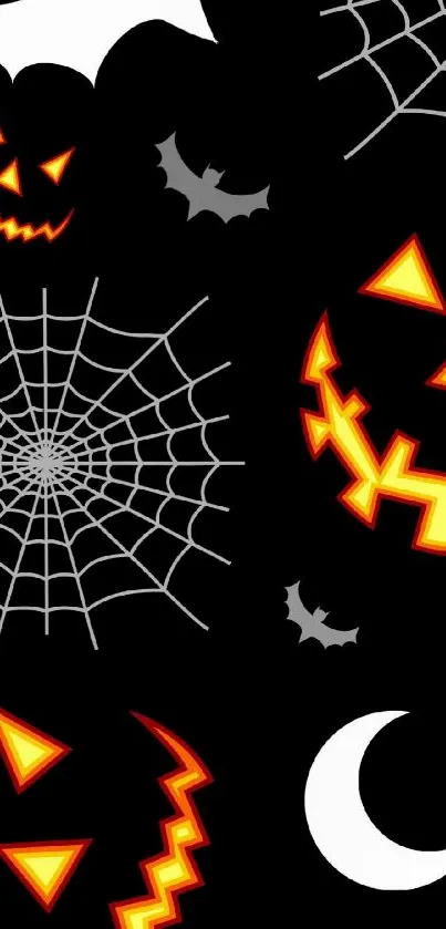 Halloween wallpaper with pumpkins, spiders, bats on a black background.