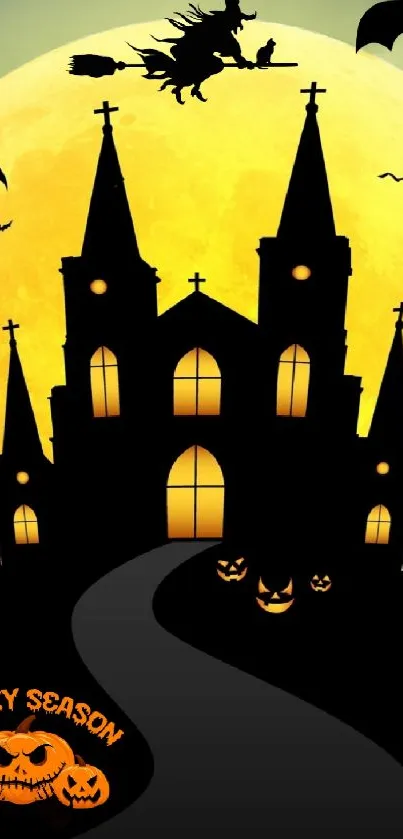 Spooky Halloween wallpaper with moon and gothic castle.