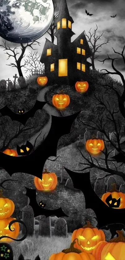 Spooky Halloween mobile wallpaper with haunted house and pumpkins.