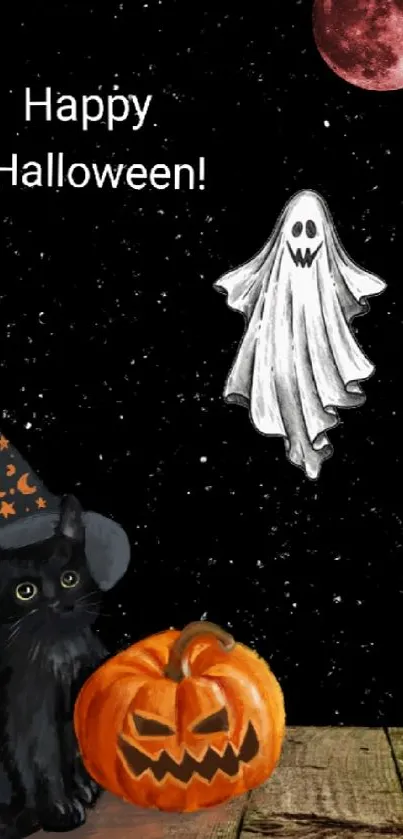 Spooky Halloween wallpaper with ghost, cat, and pumpkin under starry night sky.