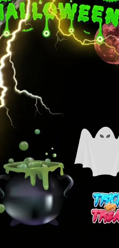 Spooky Halloween wallpaper with ghost, cauldron, and lightning.