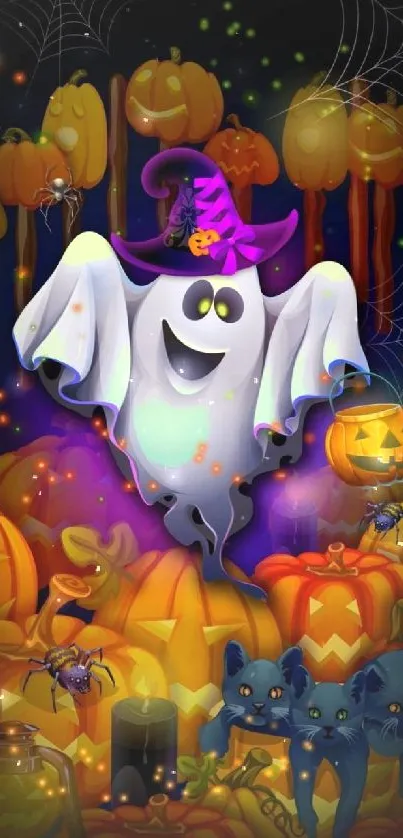 Spooky Halloween wallpaper with ghost, pumpkins, and festive elements.