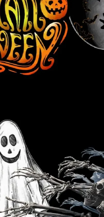 Spooky Halloween wallpaper with ghost and skeletons.