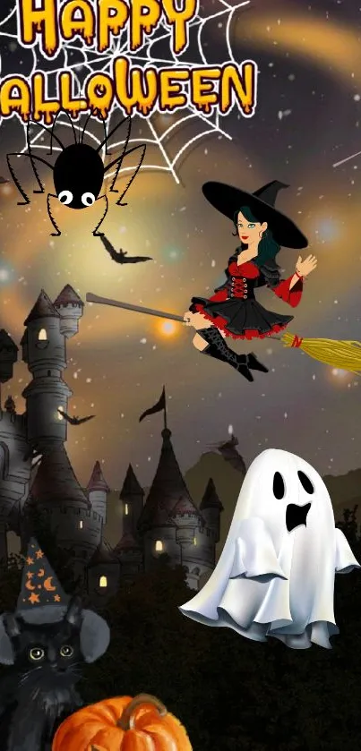 Halloween themed wallpaper with witch, ghost, and haunted castle.