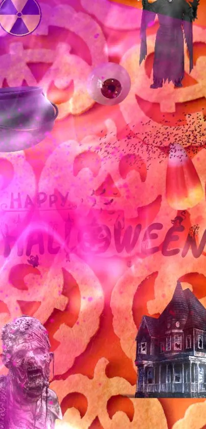 Spooky Halloween wallpaper with pumpkins and haunted house.