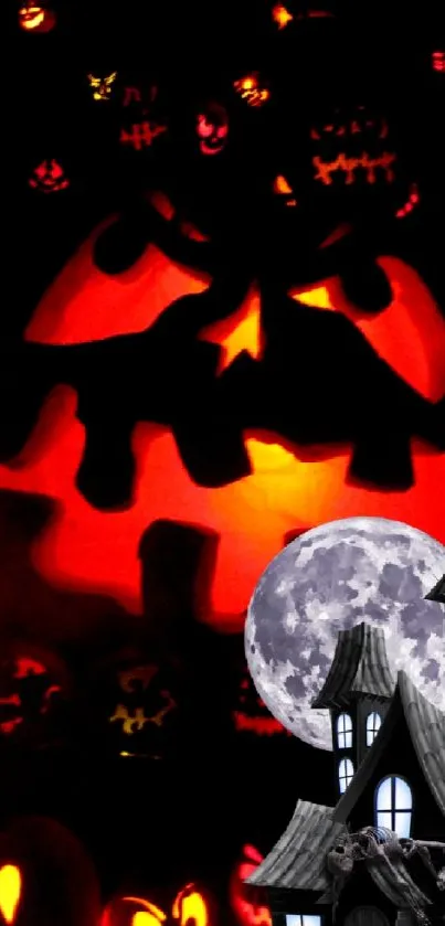 Halloween wallpaper with pumpkins and haunted house.