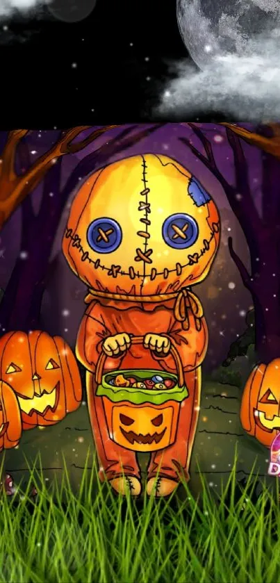 Cartoon Halloween character with pumpkins and night sky in mobile wallpaper.