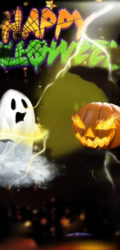 Halloween wallpaper with ghost and jack-o'-lantern.