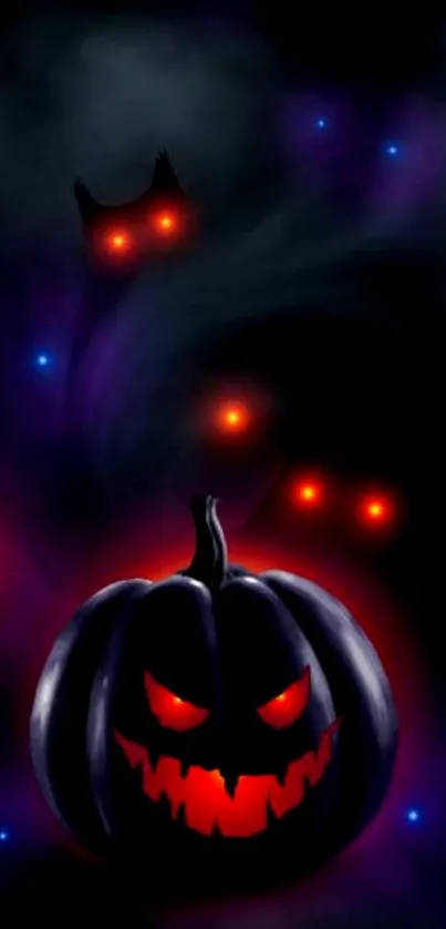 Spooky Halloween wallpaper with glowing pumpkin and mysterious figures.