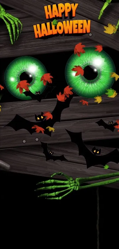 Spooky Halloween wallpaper with green eyes and bats.