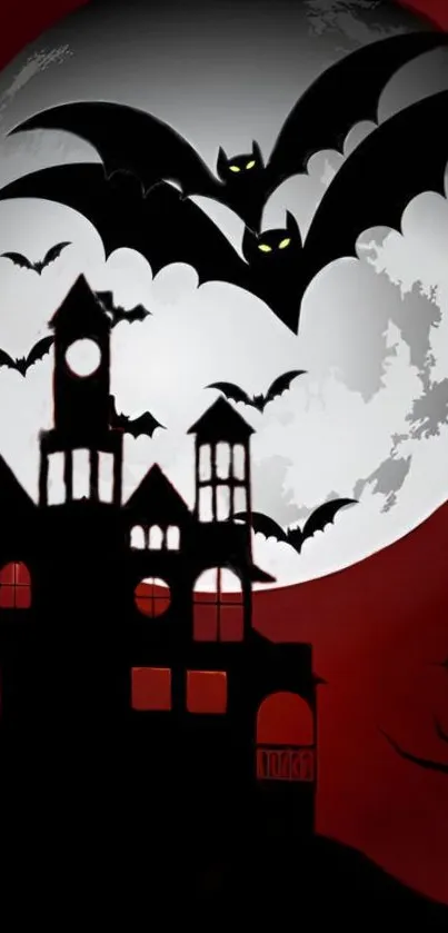 Spooky Halloween wallpaper with bats and a haunted house.