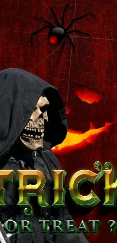 Eerie Halloween wallpaper with grim reaper and Trick or Treat text.