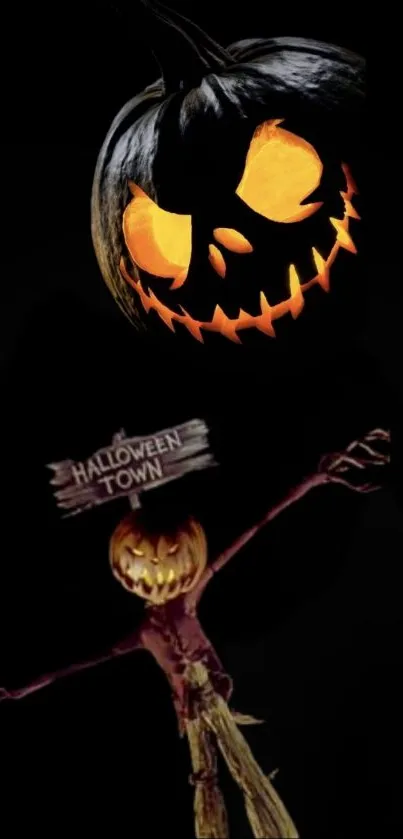 Halloween-themed wallpaper with a glowing pumpkin face and scarecrow.