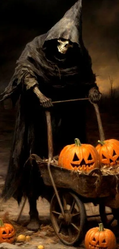 A cloaked figure pushes a cart with carved pumpkins on a dark, spooky path.