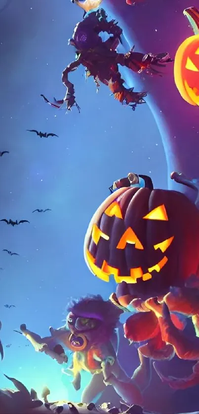 Spooky Halloween scene with glowing pumpkins and a dark, enchanting sky.