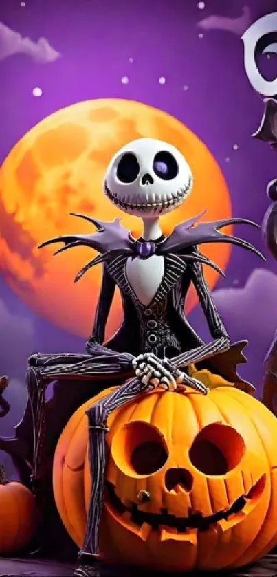 Skeleton sitting on a pumpkin under an orange moon with swirling purple sky.