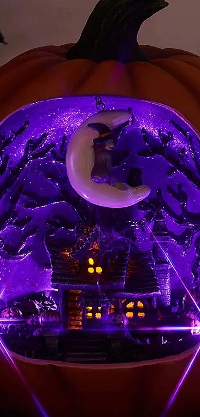 Halloween-themed glowing pumpkin with witch and cottage, in purple hues.