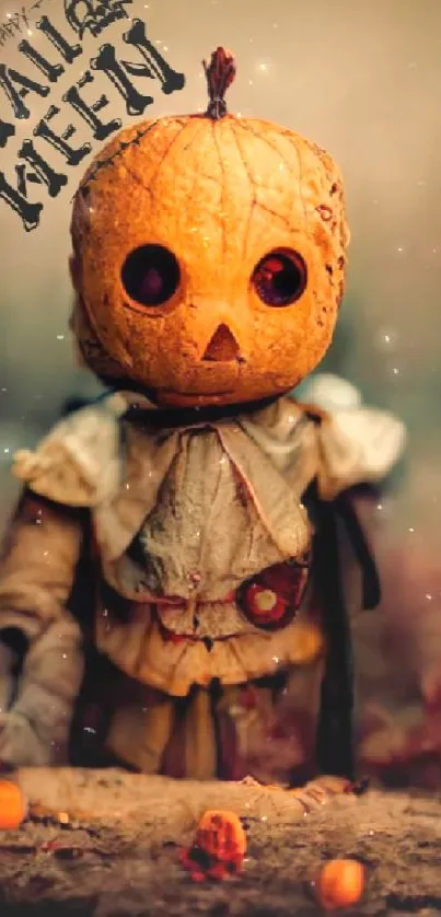 Cute vintage-style pumpkin head character in a spooky Halloween setting.