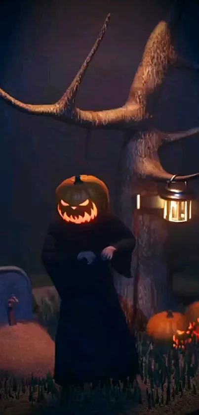 Spooky figure with pumpkin head near lanterns.