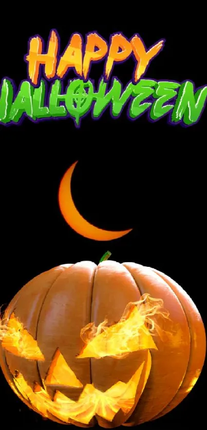 Halloween wallpaper with fiery pumpkin and colorful 'Happy Halloween' text.