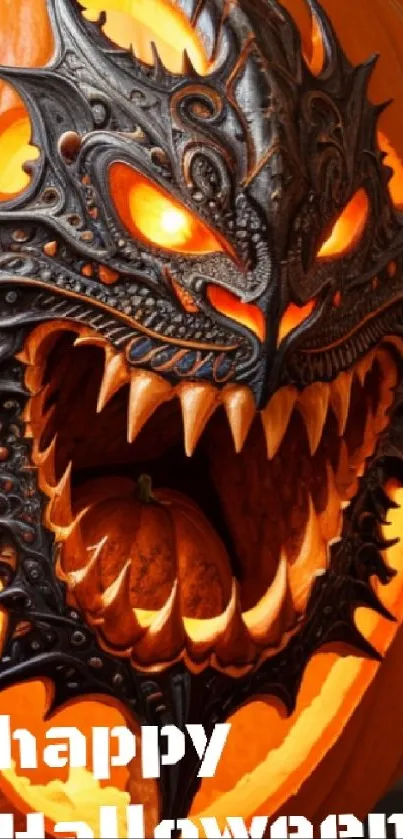 Fierce dragon carved Halloween pumpkin wallpaper.