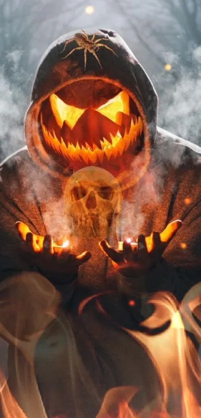 Spooky Halloween mobile wallpaper with pumpkin head and smoke effects.