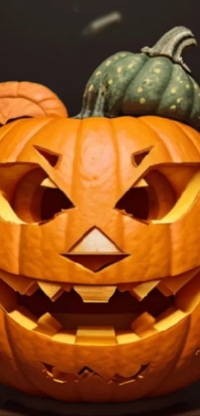 A spooky carved pumpkin with a green pumpkin topper.