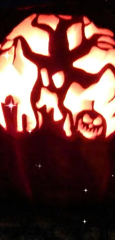 Glowing Halloween pumpkin with spooky carvings and stars.