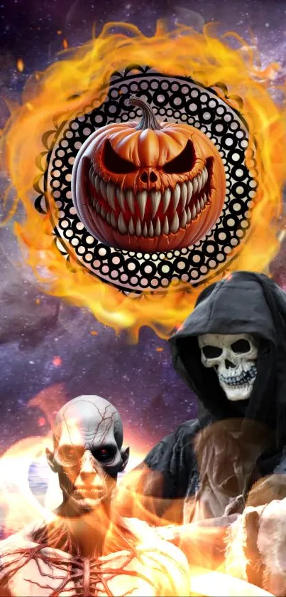 Halloween-themed wallpaper with fiery pumpkin and skeletons in space.