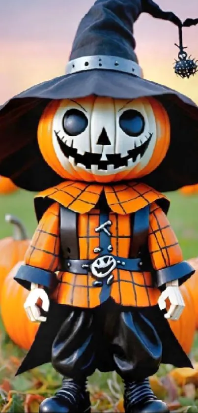 Halloween pumpkin character with a witch hat and costume in a field of pumpkins.