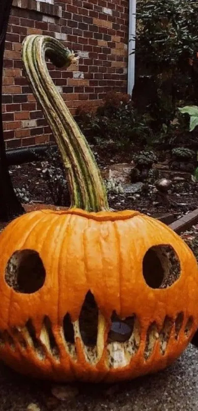 Carved Halloween pumpkin with a spooky design on a concrete surface.