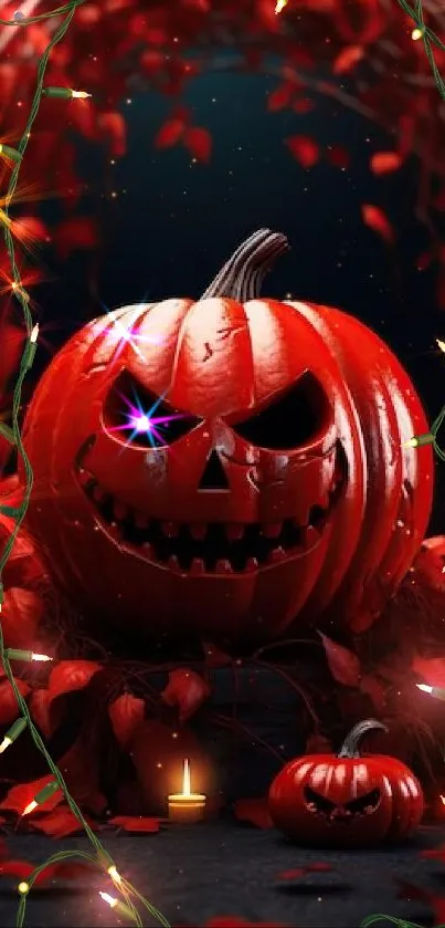 Spooky Halloween pumpkin with glowing eyes and festive lights.