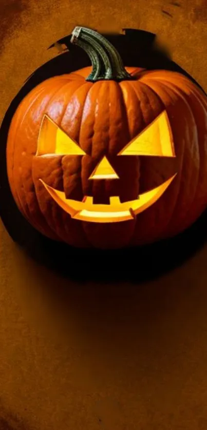 A bright, carved pumpkin glows against a dark Halloween background.