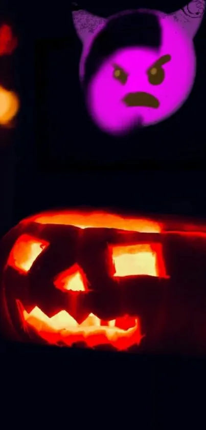 A glowing jack-o-lantern with a spooky purple light in the background.