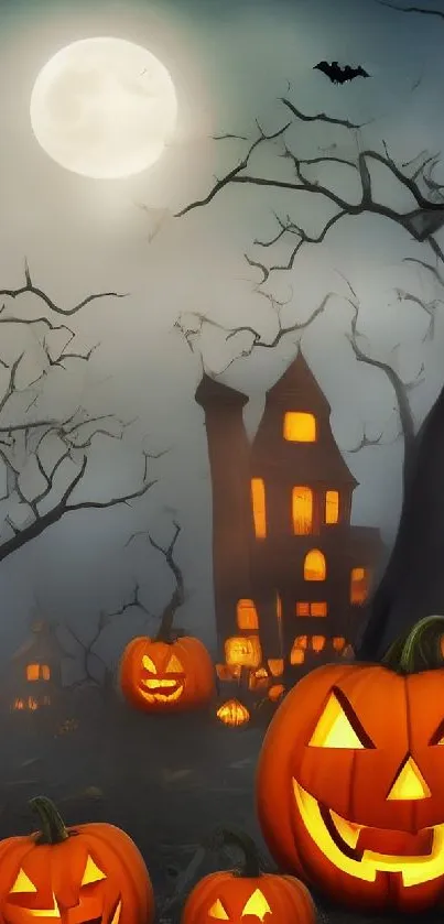 Spooky Halloween scene with glowing pumpkins and a haunted house under a full moon.